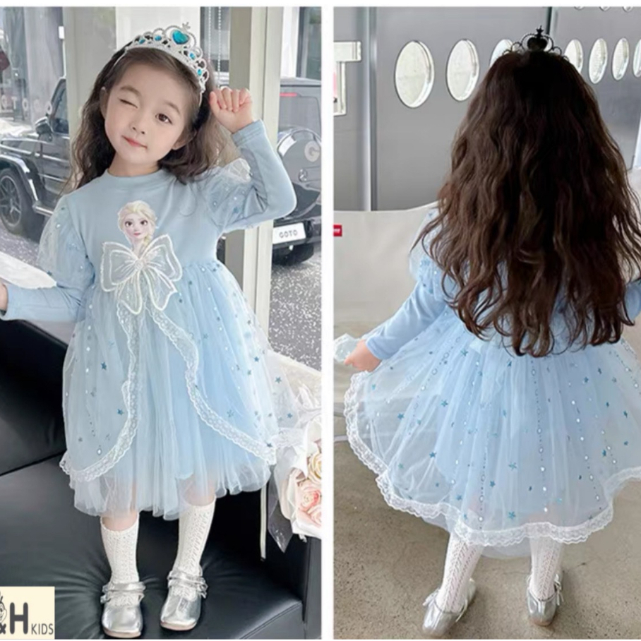 Váy Công Chúa Elsa Dài Tay Cho Bé Gái WOWKIDS, Đầm Công Chúa Phủ Voan Ren Bồng Xinh Xắn Cho Bé Từ 12-30kg