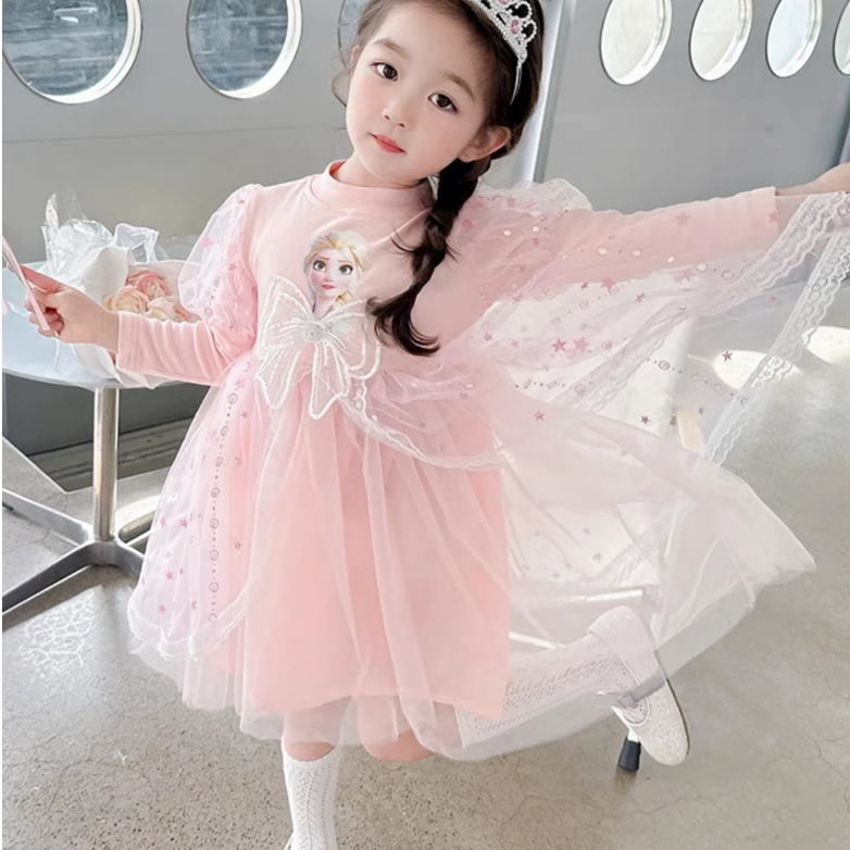 Váy Công Chúa Elsa Dài Tay Cho Bé Gái WOWKIDS, Đầm Công Chúa Phủ Voan Ren Bồng Xinh Xắn Cho Bé Từ 12-30kg