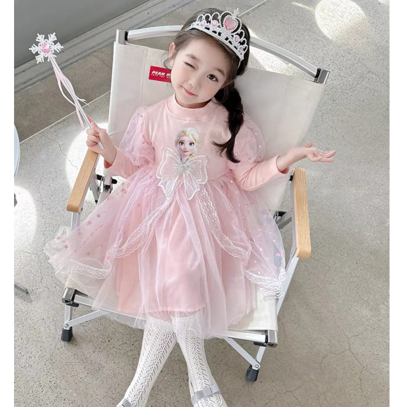 Váy Công Chúa Elsa Dài Tay Cho Bé Gái WOWKIDS, Đầm Công Chúa Phủ Voan Ren Bồng Xinh Xắn Cho Bé Từ 12-30kg