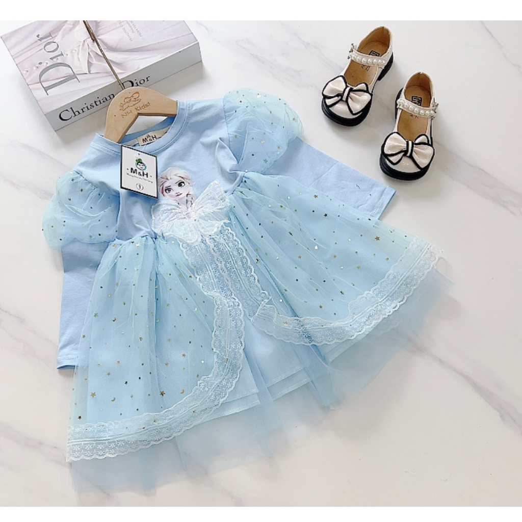 Váy Công Chúa Elsa Dài Tay Cho Bé Gái WOWKIDS, Đầm Công Chúa Phủ Voan Ren Bồng Xinh Xắn Cho Bé Từ 12-30kg