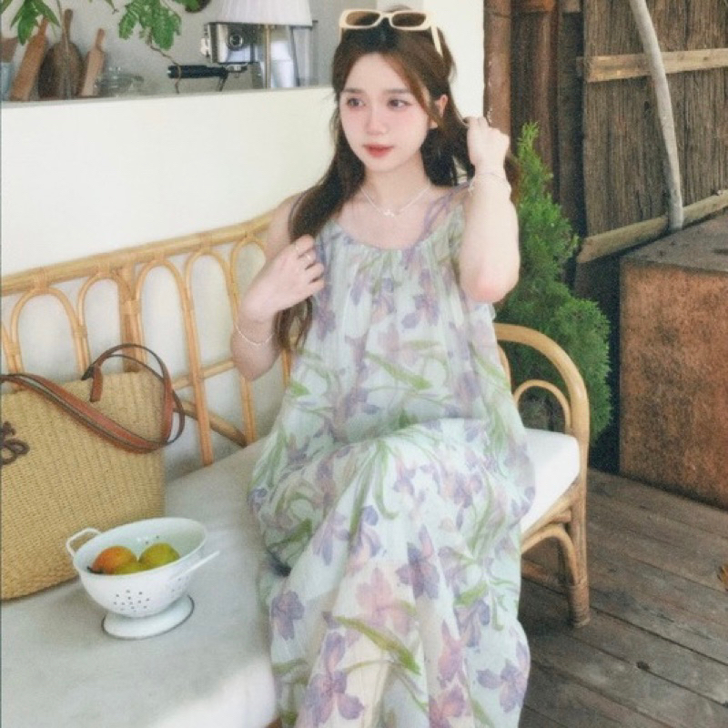 Đầm Hoa Hai Dây Xanh Tím Dáng Rộng (lớp lót xanh) Thời Trang Mùa Hè Xinh Xắn Cho Nữ VHD007