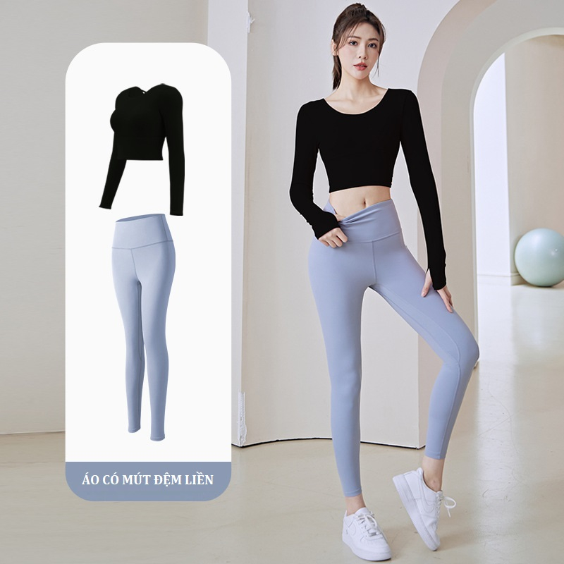 Bộ đồ tập Yoga Gym nữ áo dài tay sẵn đệm mút liền, Set đồ thể thao tập Gym Yoga, chạy bộ, đạp xe nữ vải thun lạnh tôn dá