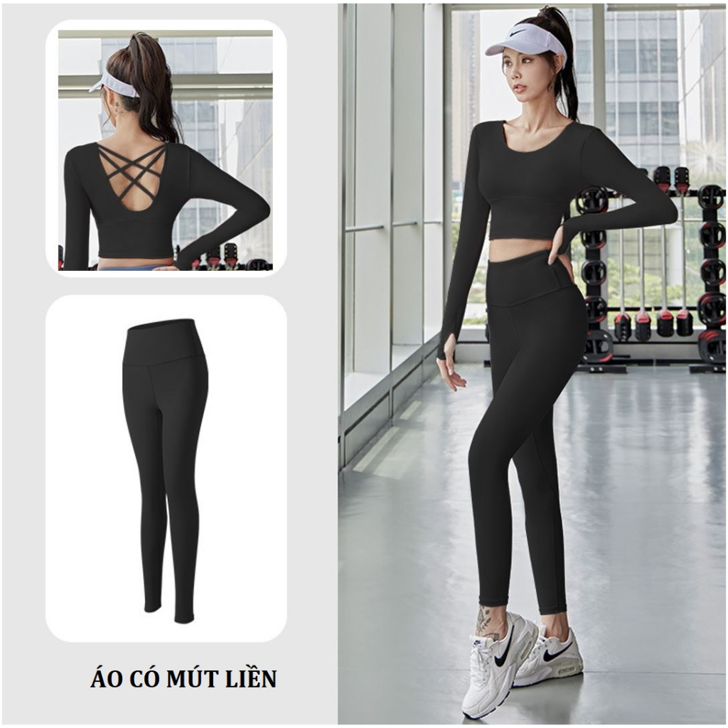 Bộ đồ tập Yoga Gym nữ áo dài tay sẵn đệm mút liền, Set đồ thể thao tập Gym Yoga, chạy bộ, đạp xe nữ vải thun lạnh tôn dá