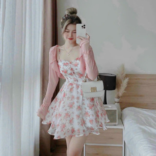 Set váy kèm áo khoác tay dài thời trang nữ chất voan hoa cỏ dây không tay dáng váy dài xoè phối bèo lai maxi sang chảnh