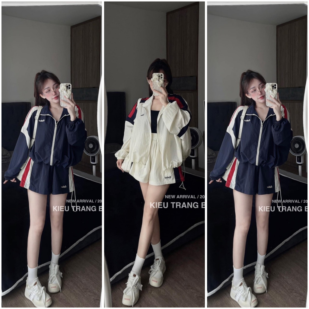 Set bộ đồ nữ áo khoác gió thể thao tay dài phối viền cổ bẻ khóa xinh xắn mix quần sooc xinh xắn dành các nàng dạo phố