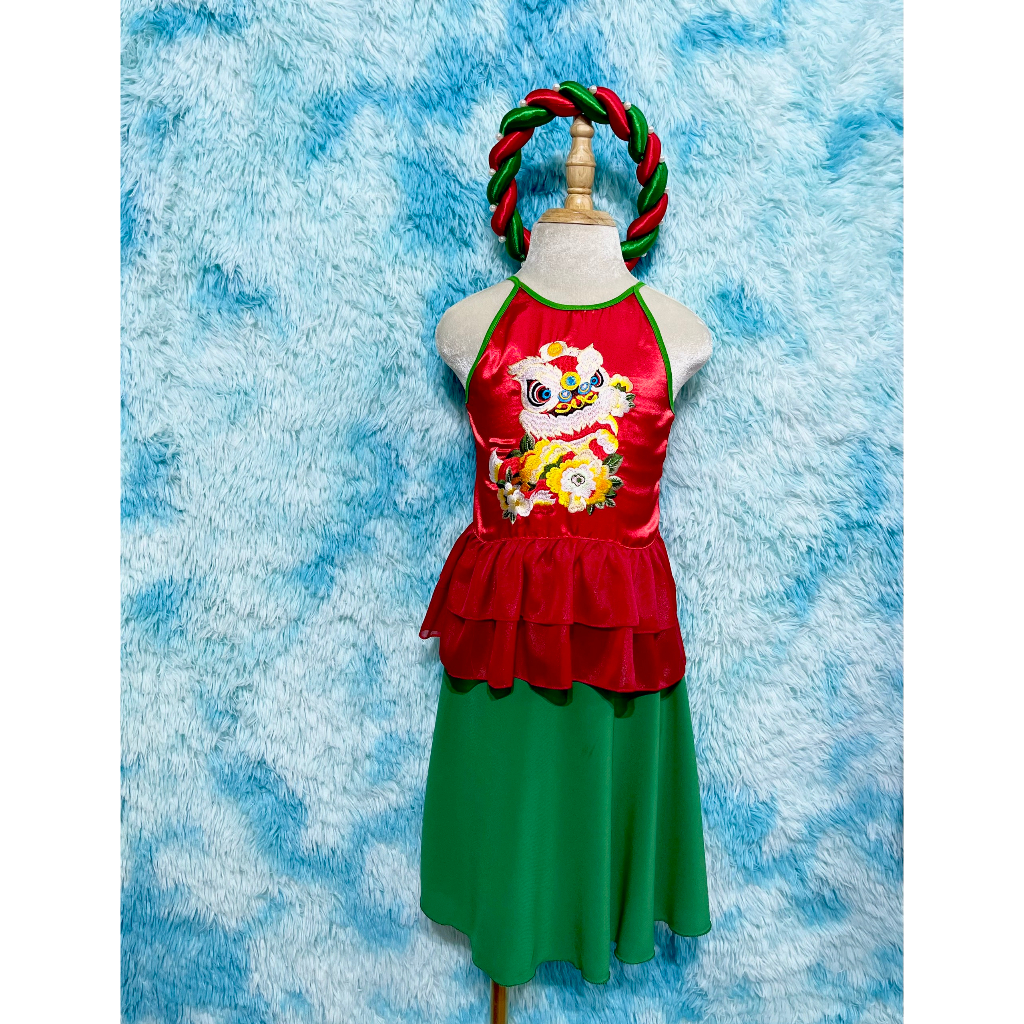 Váy yếm bé gái trung thu in hình sư tử, yếm trung thu bé gái