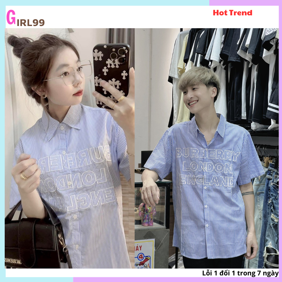 Áo sơ mi tay ngắn sọc xanh thêu chữ BBR siêu hot, áo sơ mi phong cách thời thượng