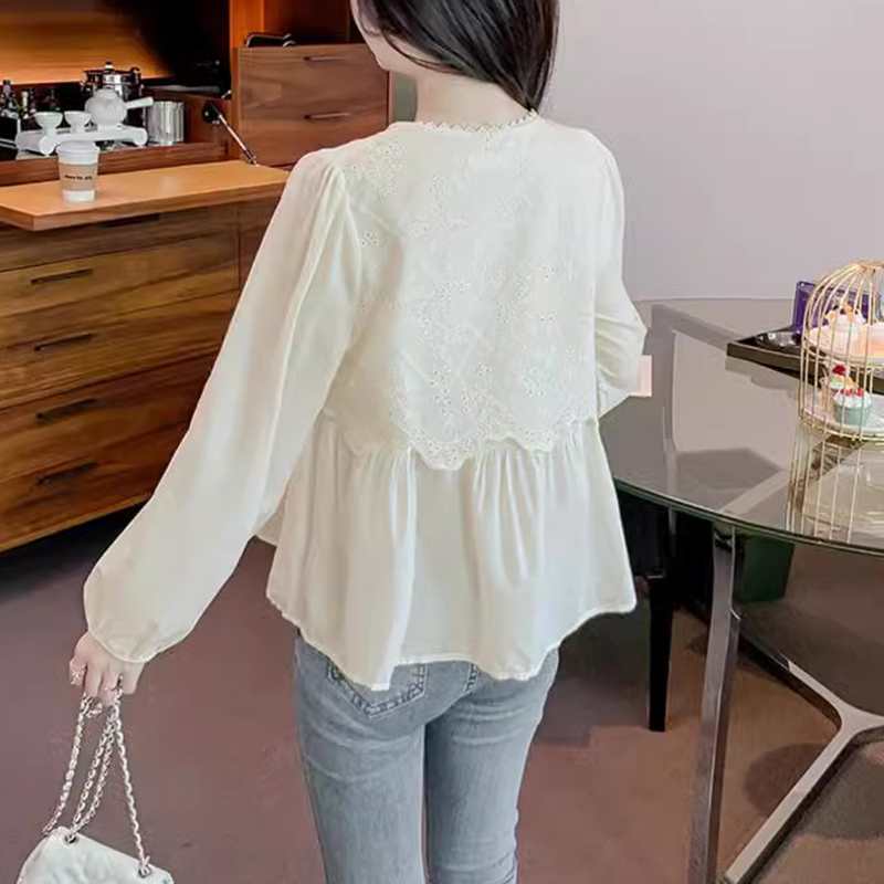 Áo Kiểu Nữ Dài Tay Cổ Tròn Phối Ren Dáng BabyDoll Phong Cách Hàn Quốc Thời Trang Sugal TOP NU 113V3