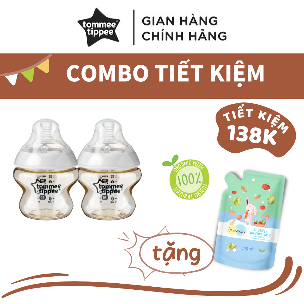 COMBO 2 Bình Sữa Tommee Tippee PPSU Ty Siêu Mềm Tự Nhiên 150ml TẶNG 1 Túi Nước rửa rau củ quả Organic Lamoon 400ml