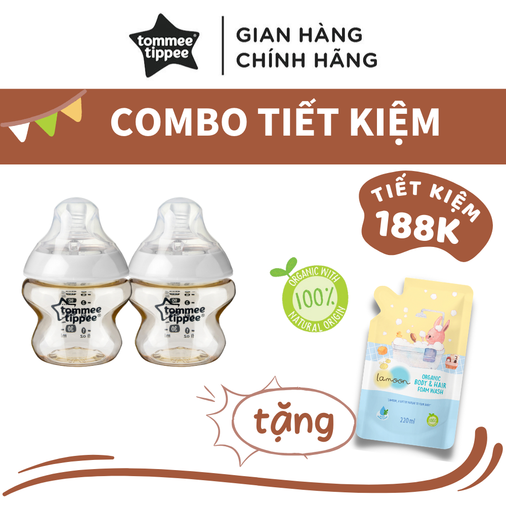 COMBO 2 Bình Sữa Tommee Tippee PPSU Ty Siêu Mềm Tự Nhiên 150ml TẶNG 1 Túi Sữa tắm gội Organic dạng bọt Lamoon 220ml