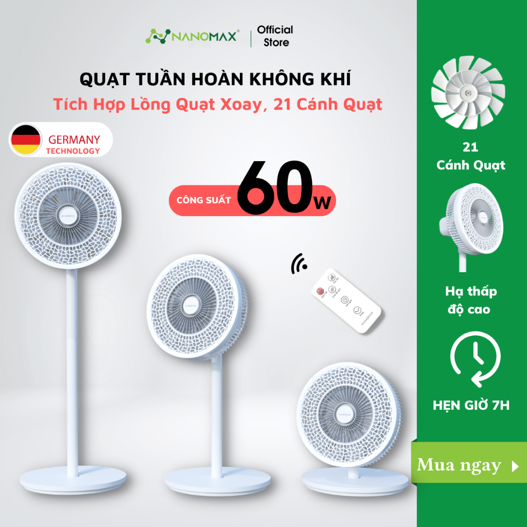 Quạt Cây Đứng NANOMAX QN-08 Điều Khiển Từ Xa Công Suất 60W Tuỳ Chỉnh Độ Cao 3 Cấp Độ 3 Chế Độ Gió Tuần Hoàn Không Khí