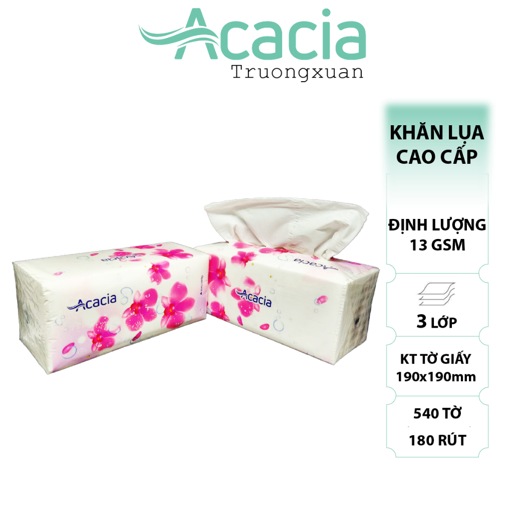 Sản phẩm giấy rút Acacia 540 tờ  180 lần rút, 3 lớp sang trọng