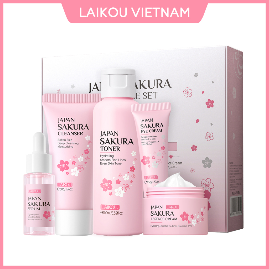 Bộ 5 sản phẩm chăm sóc da LAIKOU hoa anh đào Nhật Bản Serum Toner Cream