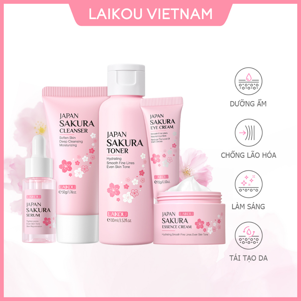 Bộ 5 sản phẩm chăm sóc da LAIKOU hoa anh đào Nhật Bản Serum Toner Cream