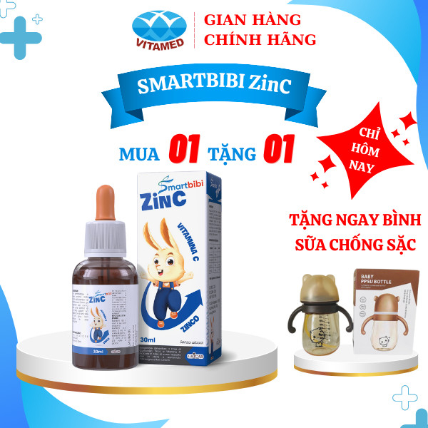 Smartbibi Zinc siro bổ sung kẽm tăng đề kháng cho bé biếng ăn,tiêu hoá kém tặng bình sữa