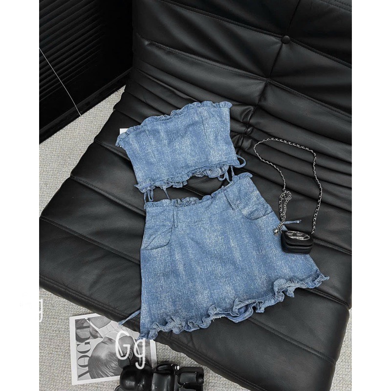 Sét jean  xước nữ áo cúp ngực crotop bo chun lưng mix chân váy ngắn xinh xắn