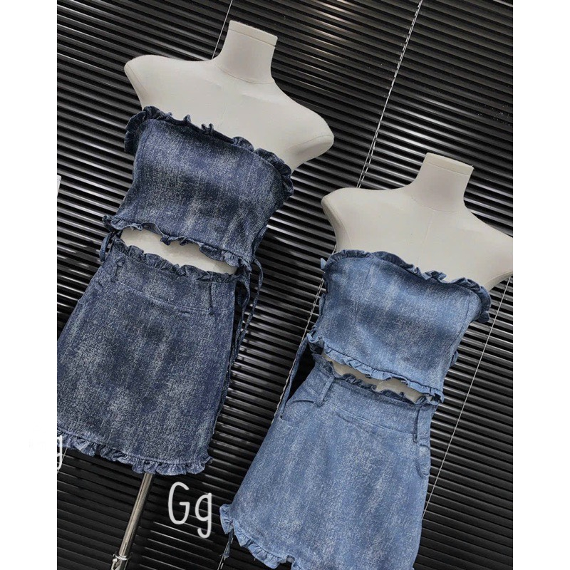 Sét jean  xước nữ áo cúp ngực crotop bo chun lưng mix chân váy ngắn xinh xắn