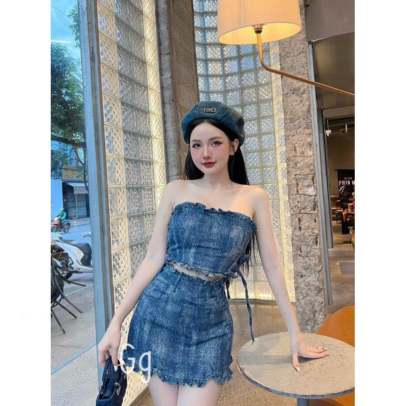 Sét jean  xước nữ áo cúp ngực crotop bo chun lưng mix chân váy ngắn xinh xắn