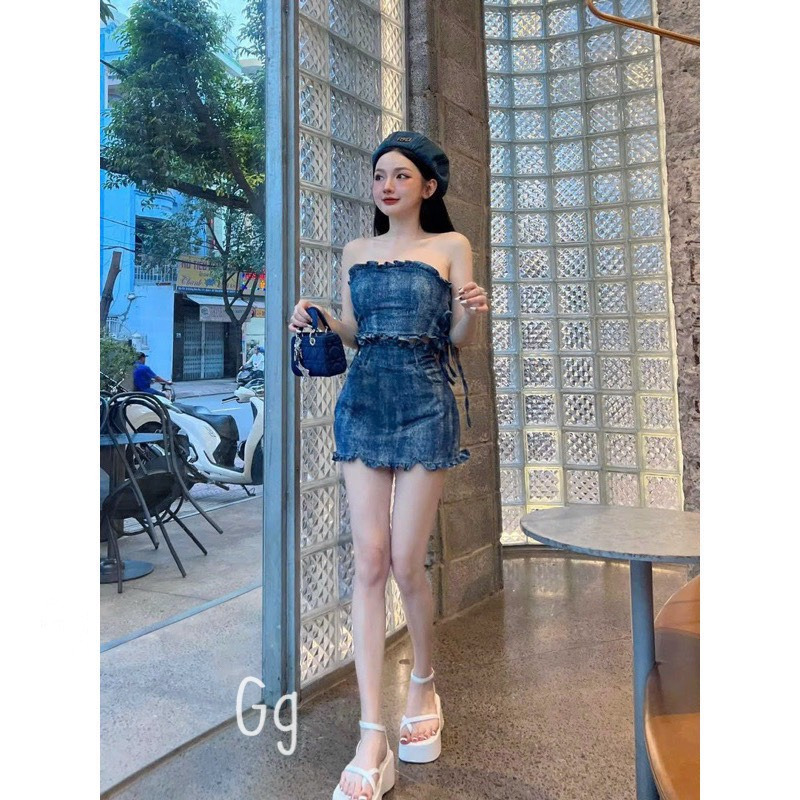 Sét jean  xước nữ áo cúp ngực crotop bo chun lưng mix chân váy ngắn xinh xắn