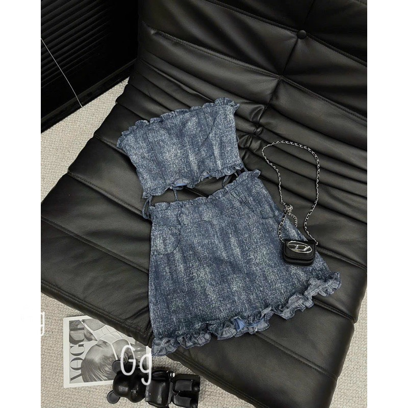 Sét jean  xước nữ áo cúp ngực crotop bo chun lưng mix chân váy ngắn xinh xắn