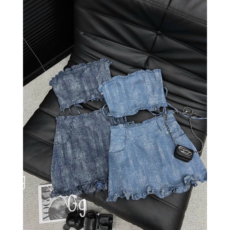 Sét jean  xước nữ áo cúp ngực crotop bo chun lưng mix chân váy ngắn xinh xắn