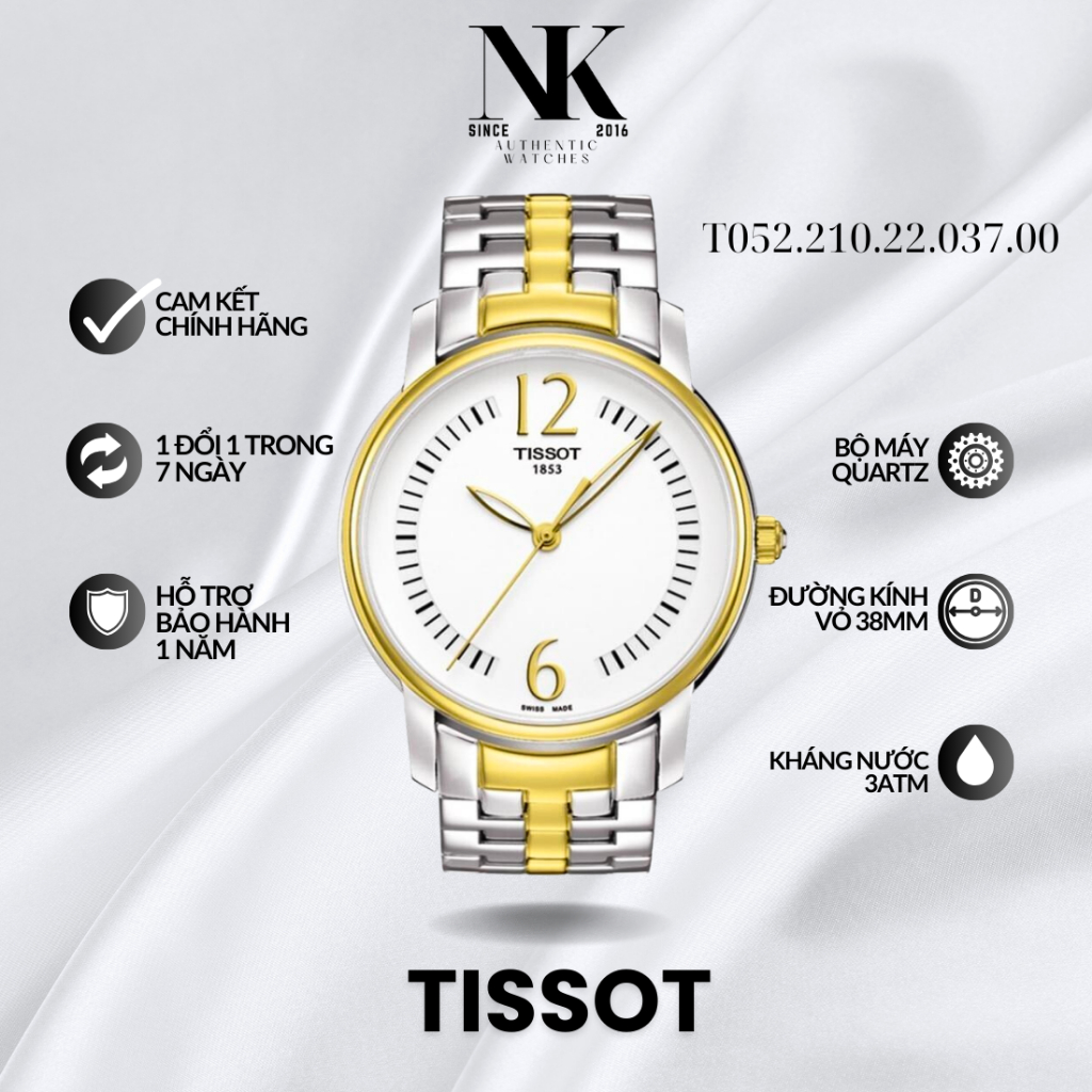 Đồng hồ TISSOT Unisex T052.210.22.037.00, mặt trắng, vỏ bạc, dây kim loại sang trọng