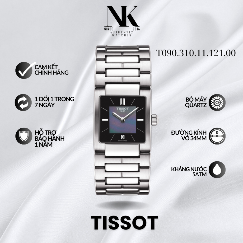 Đồng hồ TISSOT nữ T090.310.11.121.00 23mm, mặt vuông ánh tím, vỏ bạc, dây kim loại sang trọng