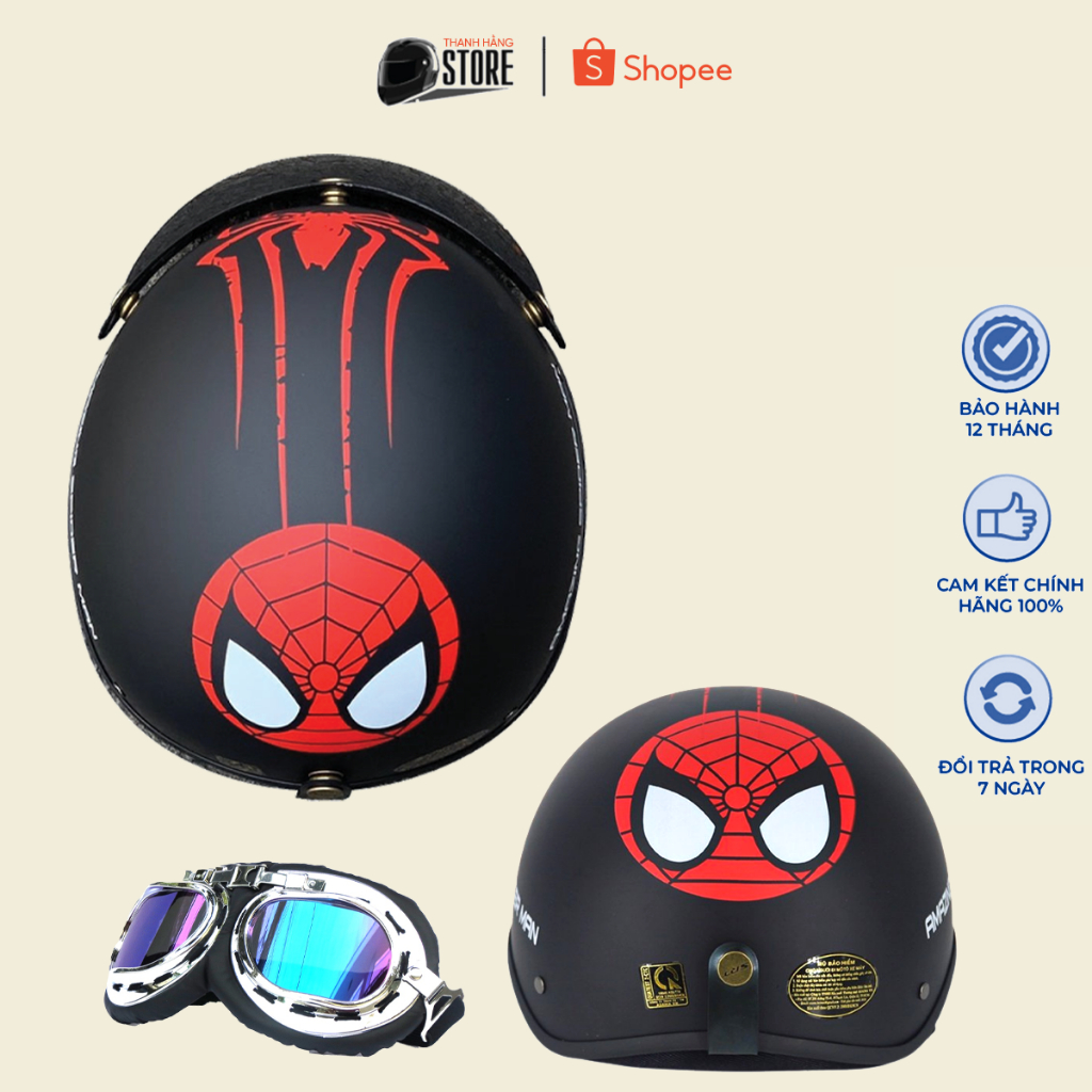 Mũ Bảo Hiểm 1/2 Đầu Spider Man + Kính Phi Công Chất Liệu Nhựa Abs Siêu Bền