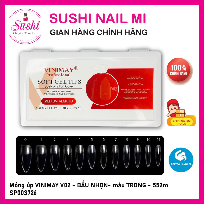 Móng Up Vinimay Chính Hãng Đủ Form Vuông Thang Bầu Nhọn (552 Móng) - Sushi Nail Mi