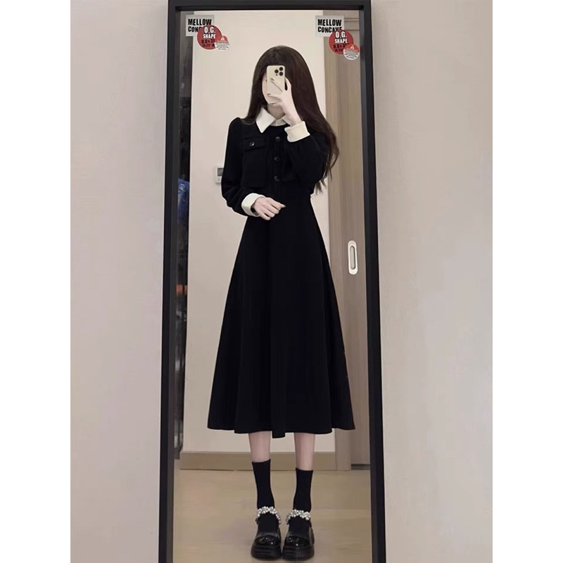 Váy đầm nhung dáng dài cổ sơ mi Quảng Châu thiết kế dài tay giả 2 mảnh