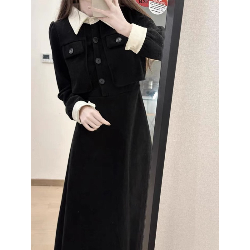 Váy đầm nhung dáng dài cổ sơ mi Quảng Châu thiết kế dài tay giả 2 mảnh