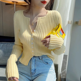 Áo len gân cổ tròn khuy dài tay Quảng châu
