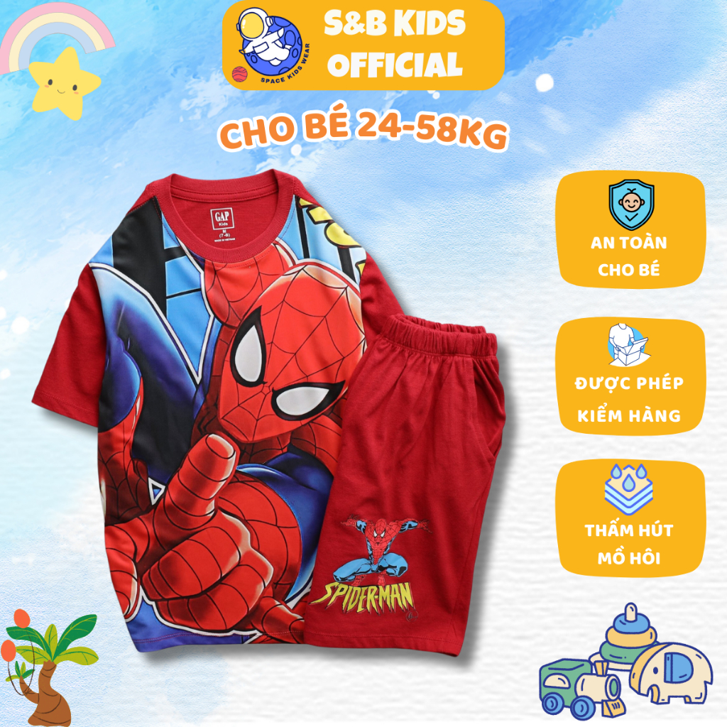 Bộ đồ thun bé trai chất vải cotton thấm hút mồ hôi in hoạt hình, siêu anh hùng size đại (24-58kg) | S&B KIDS