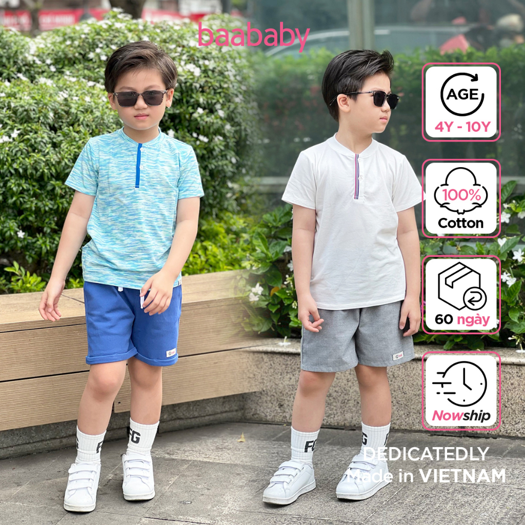 Áo bé trai, áo thun cổ trụ ngắn tay cho bé vải cotton 4 chiều cao cấp cho bé từ 4 - 10 tuổi BAA BABY - S-BK-AT28N-01