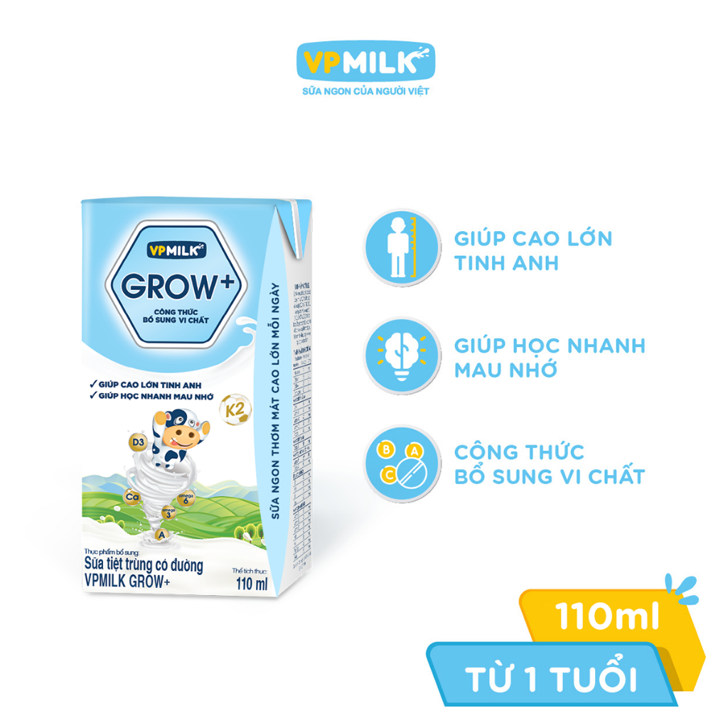 [Combo 6 lốc] Sữa tiệt trùng VPMilk Grow+ Có Đường 110ml Cho Bé Từ 1 Tuổi (4 hộp x 6)