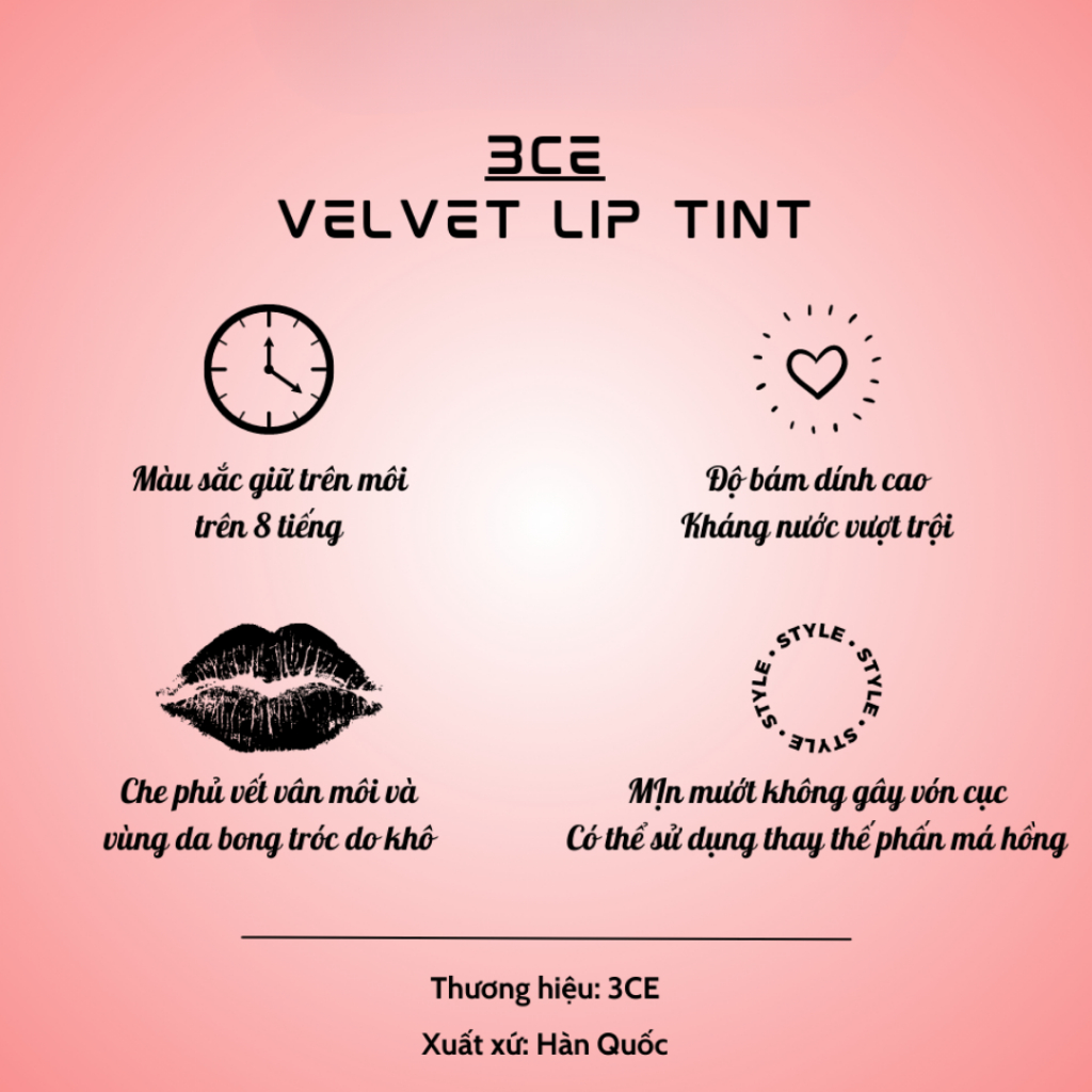 Son Kem Lì 3CE Velvet Lip Tint 4g, Son Kem Lì Mềm Mịn Căng Bóng Không Bết Dính | Aura Skincare & Beauty