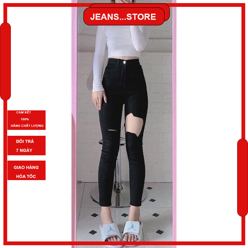 Quần Bò Dài Cho Nữ Dáng Ôm Rách Gối Chất Vải Đẹp Co Dãn