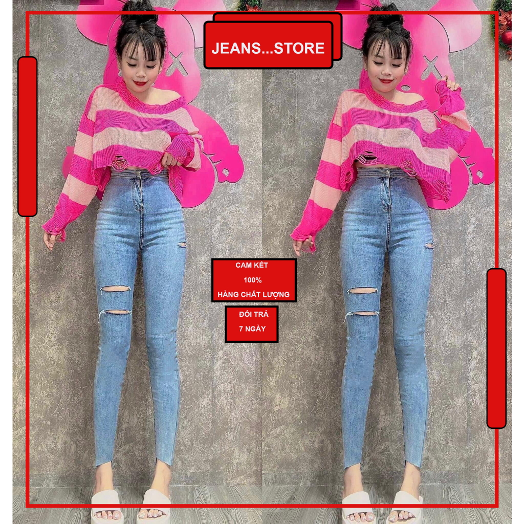 Quần Bò Dài Cho Nữ Dáng Ôm Rách Gối Chất Vải Đẹp Co Dãn