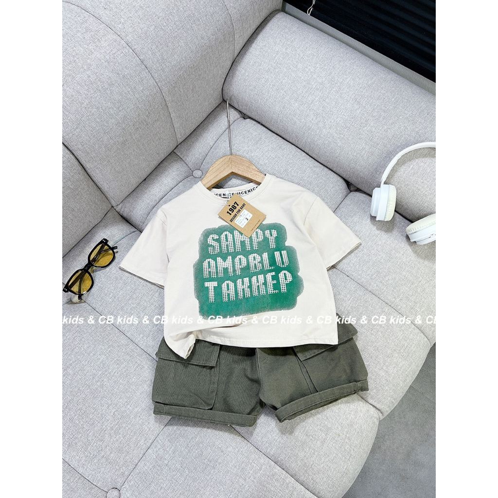 BỘ ÁO COTTON IN CHỨ BÉ TRAI  QUẦN KAKI MỀM 8-30KG