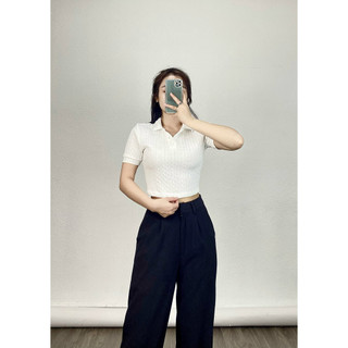 Áo croptop len cổ sơ mi