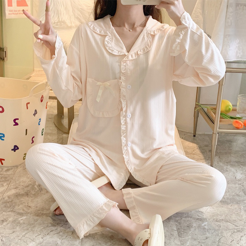 Bộ đồ bầu dài tay và cho con bú thu đông chất Lụa Tăm kiểu pijama siêu mềm mặc nhà có chun rút chỉnh bụng bigsize