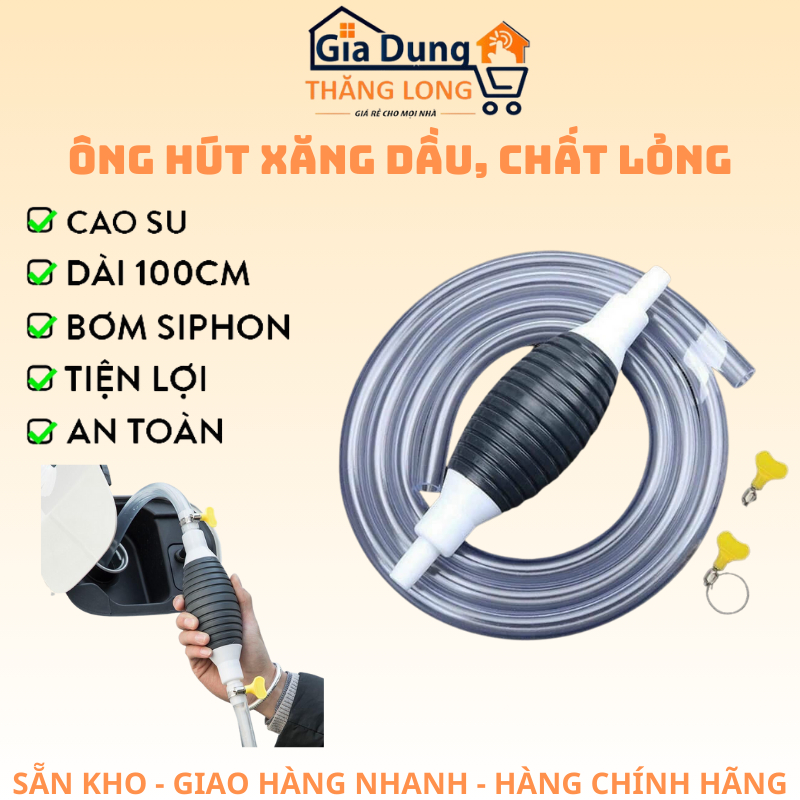 Ống hút xăng dầu , chất lỏng bóp tay cao cấp - Dây dài 1.2M tặng kèm 2 đai xiết