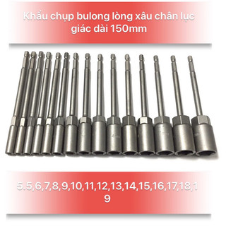 Bộ 15 khẩu chụp bulong dài 150mm lòng sâu chuôi lục giác đủ sezi từ 5.5-19mm
