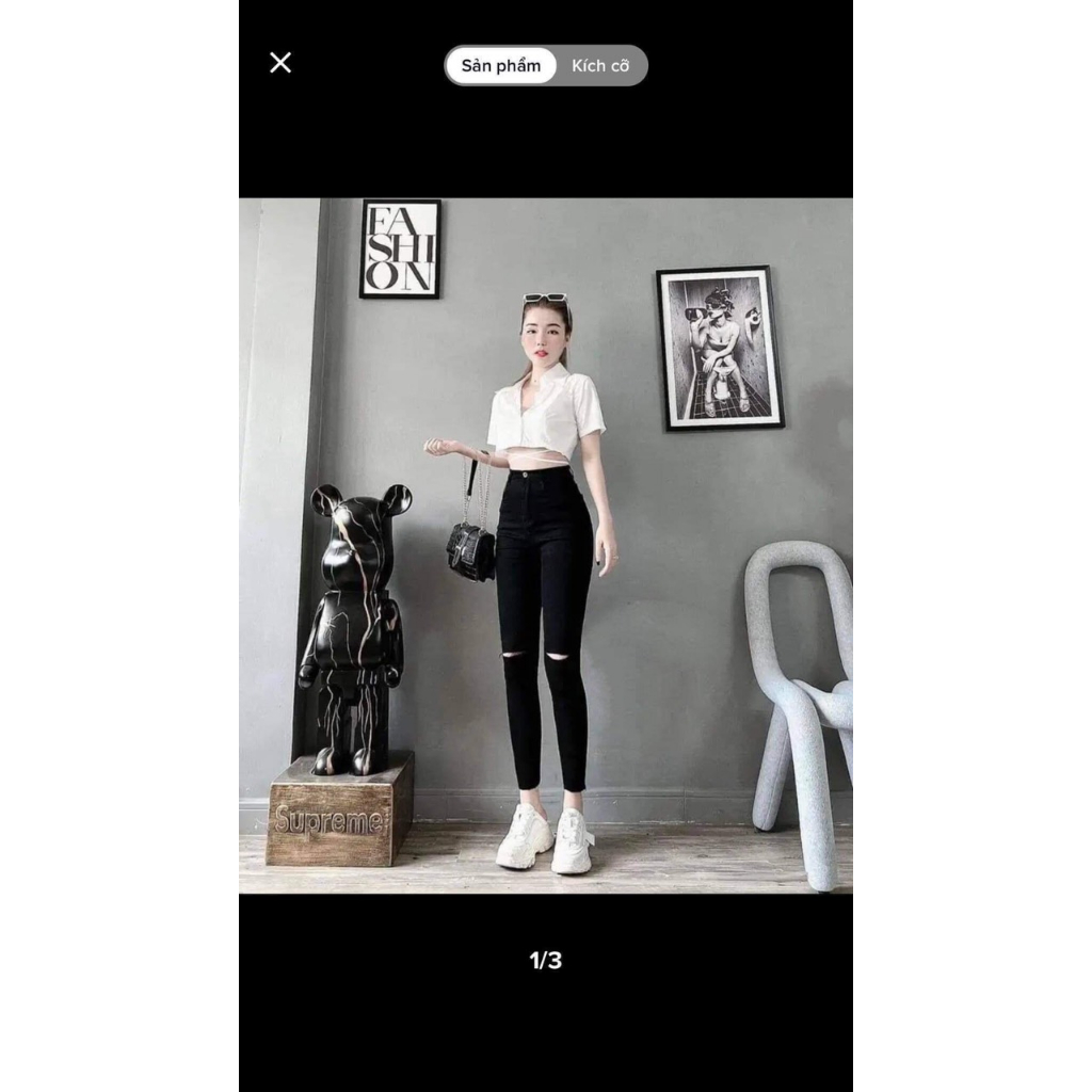 Quần Bò Dài Cho Nữ Dáng Ôm Rách Gối Chất Vải Đẹp Co Dãn