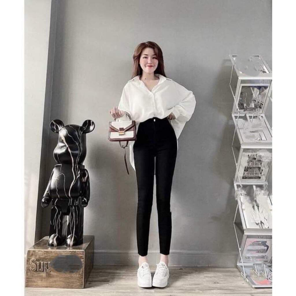 Quần Bò Dài Cho Nữ Dáng Ôm Rách Gối Chất Vải Đẹp Co Dãn