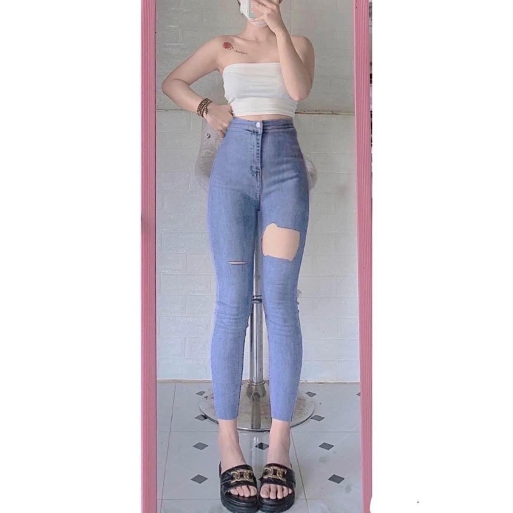 Quần Bò Dài Cho Nữ Dáng Ôm Rách Gối Chất Vải Đẹp Co Dãn