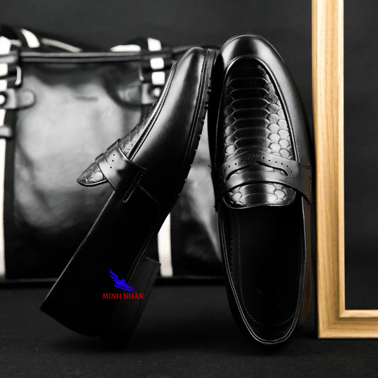 Giày Công sở nam da bò Giày lười nam da bò Penny Loafer kiểu đẹp hàng hiệu giá rẻ Giày in dập vân cá sấu cao cấp D-6 đen