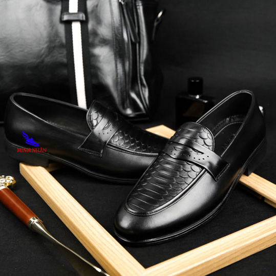 Giày Công sở nam da bò Giày lười nam da bò Penny Loafer kiểu đẹp hàng hiệu giá rẻ Giày in dập vân cá sấu cao cấp D-6 đen
