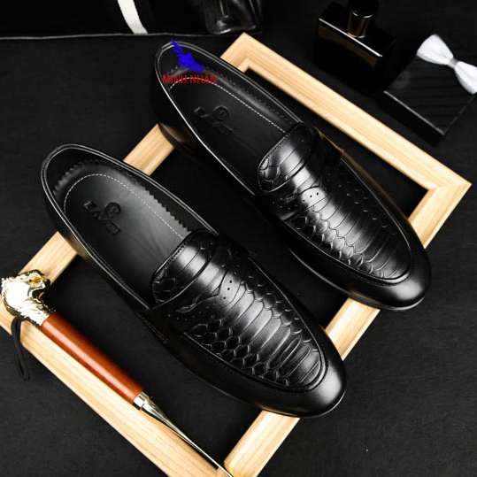 Giày Công sở nam da bò Giày lười nam da bò Penny Loafer kiểu đẹp hàng hiệu giá rẻ Giày in dập vân cá sấu cao cấp D-6 đen