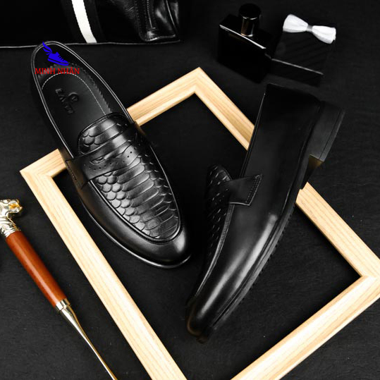 Giày Công sở nam da bò Giày lười nam da bò Penny Loafer kiểu đẹp hàng hiệu giá rẻ Giày in dập vân cá sấu cao cấp D-6 đen